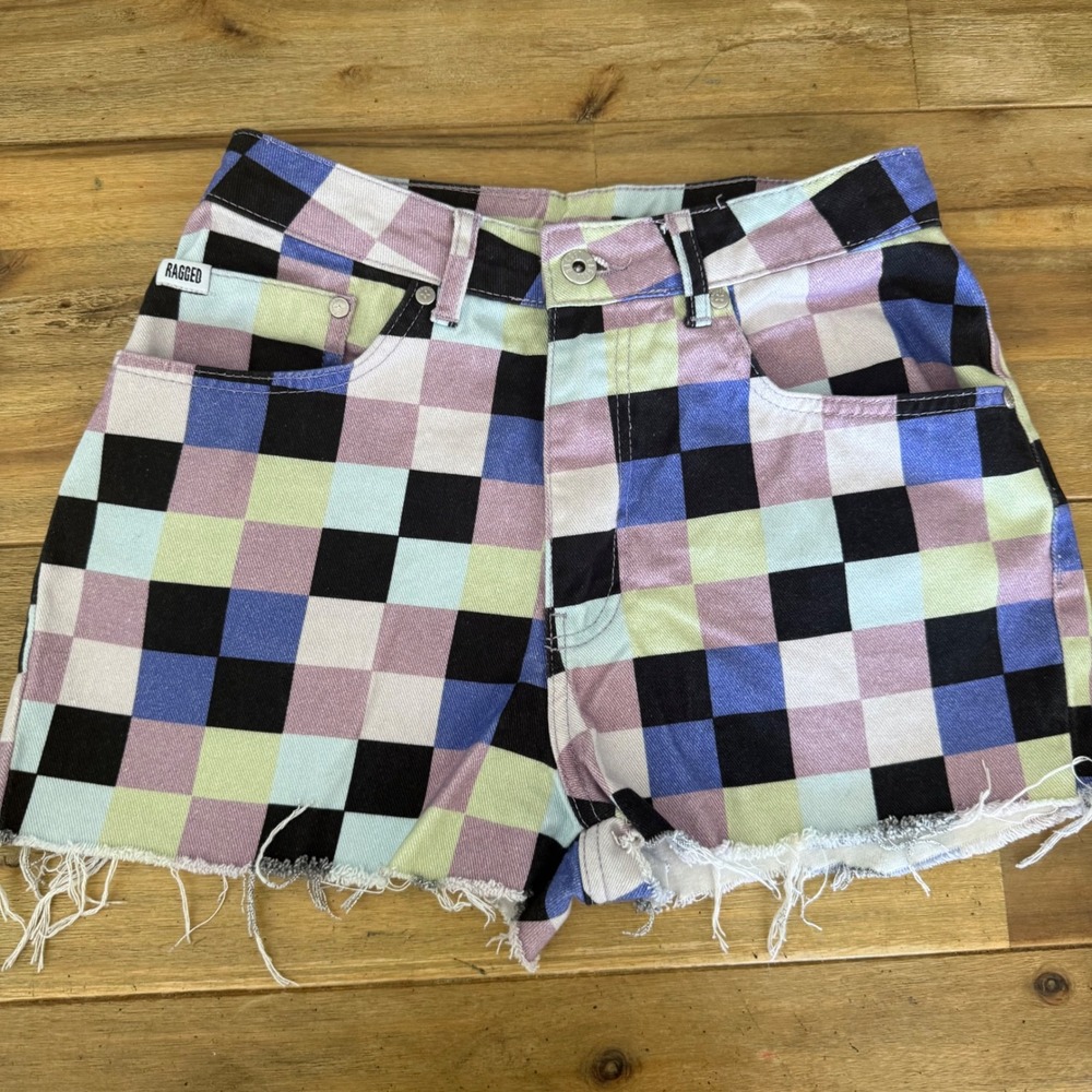 RAGGED JEANS Pixel Print Denim‎ Cutoff Shorts Women Sz 28 Gingham Frayed Hem